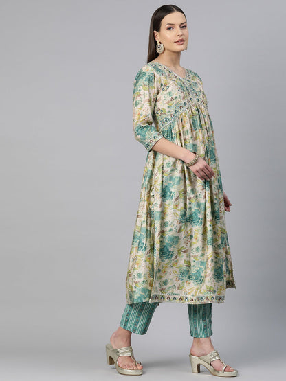 A Line Style Chanderi Silk Fabric Blue Color Floral Printed & Embroidered Kurti With Palazzo And Dupatta