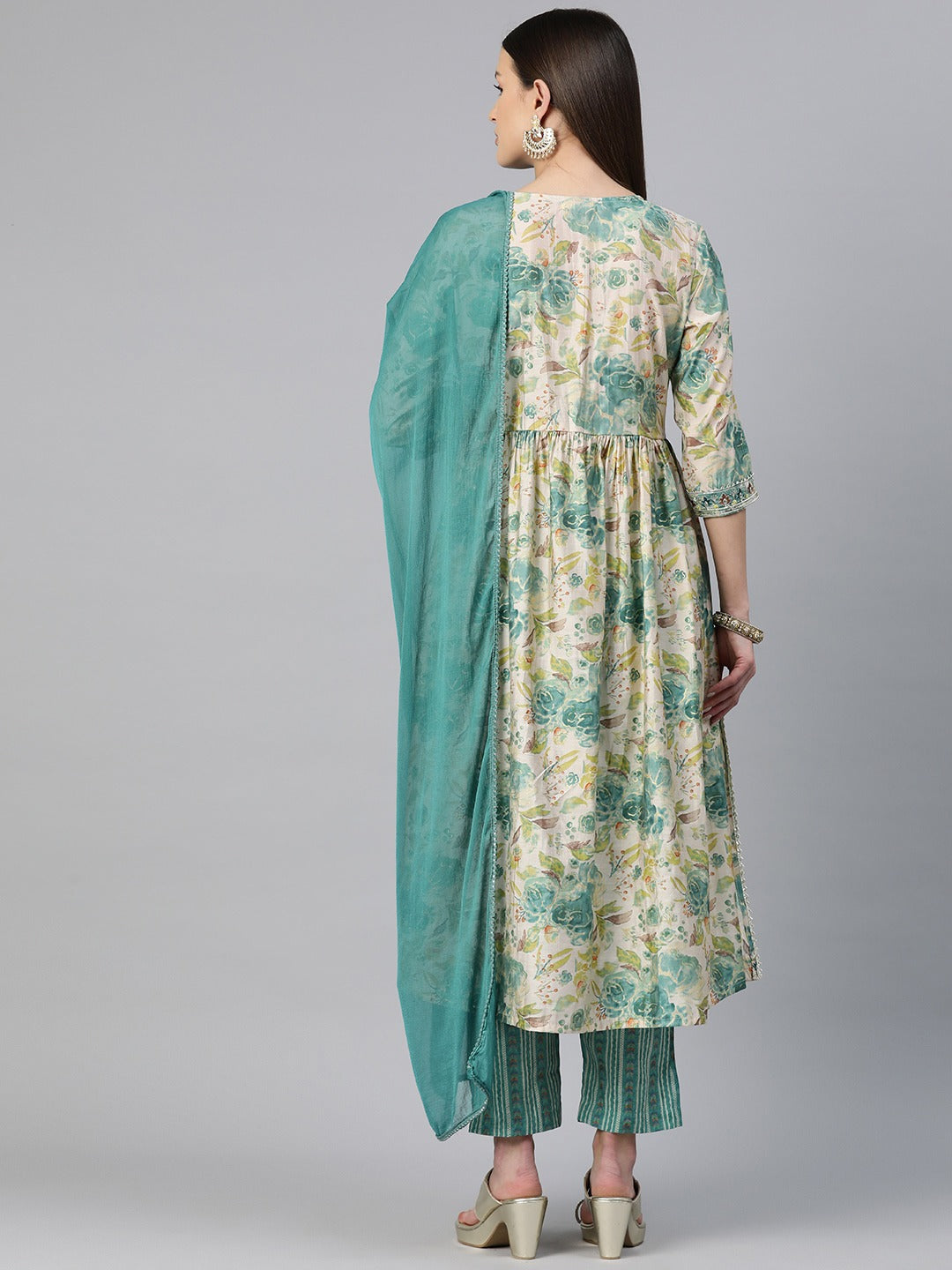 A Line Style Chanderi Silk Fabric Blue Color Floral Printed & Embroidered Kurti With Palazzo And Dupatta