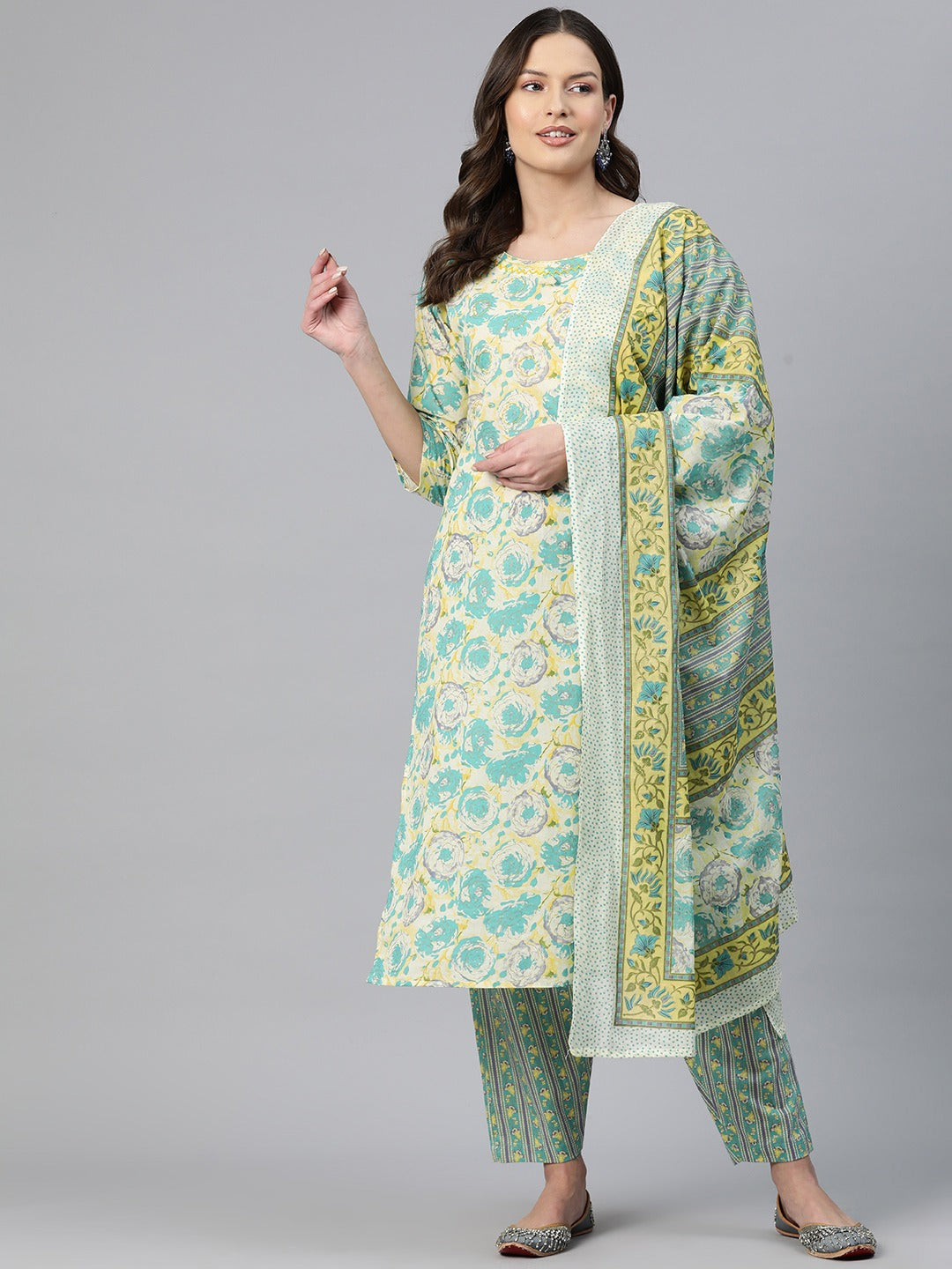 Straight Style Cotton Fabric Sea Green Color Floral Printed Kurti With Salwar And Dupatta