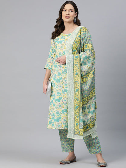 Straight Style Cotton Fabric Sea Green Color Floral Printed Kurti With Salwar And Dupatta