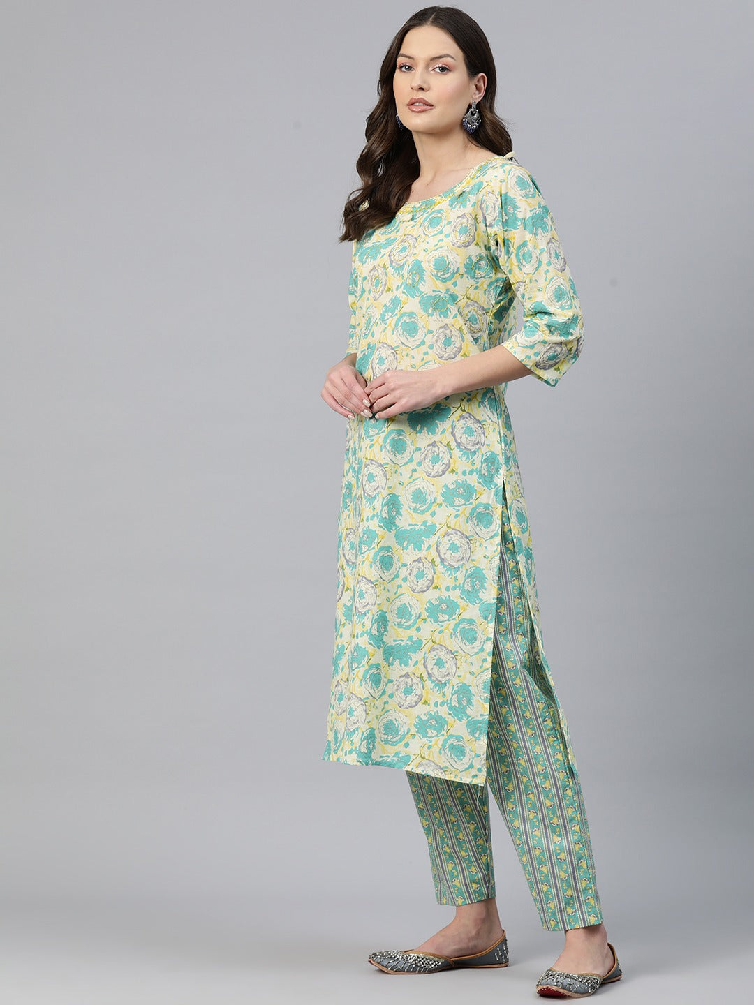 Straight Style Cotton Fabric Sea Green Color Floral Printed Kurti With Salwar And Dupatta