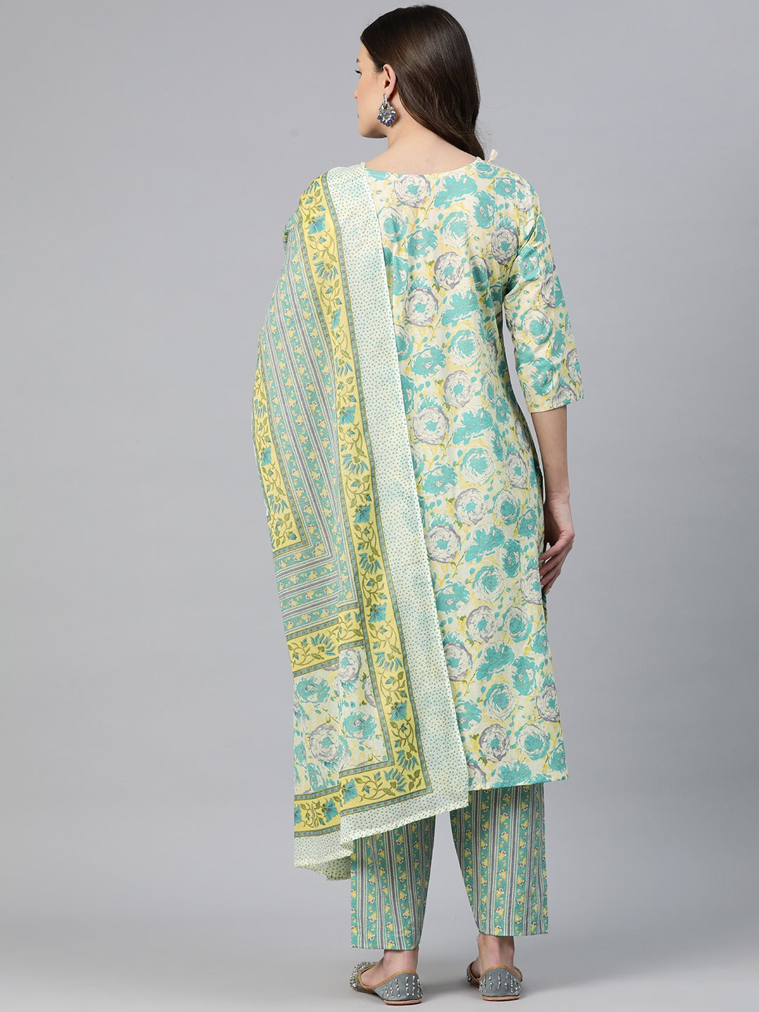 Straight Style Cotton Fabric Sea Green Color Floral Printed Kurti With Salwar And Dupatta