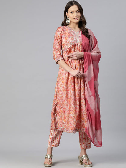 A-Line Style Chanderi Silk Fabric Pink Color Embroidered & Printed Kurti With Palazzo And Dupatta