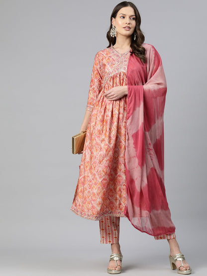 A-Line Style Chanderi Silk Fabric Pink Color Embroidered & Printed Kurti With Palazzo And Dupatta