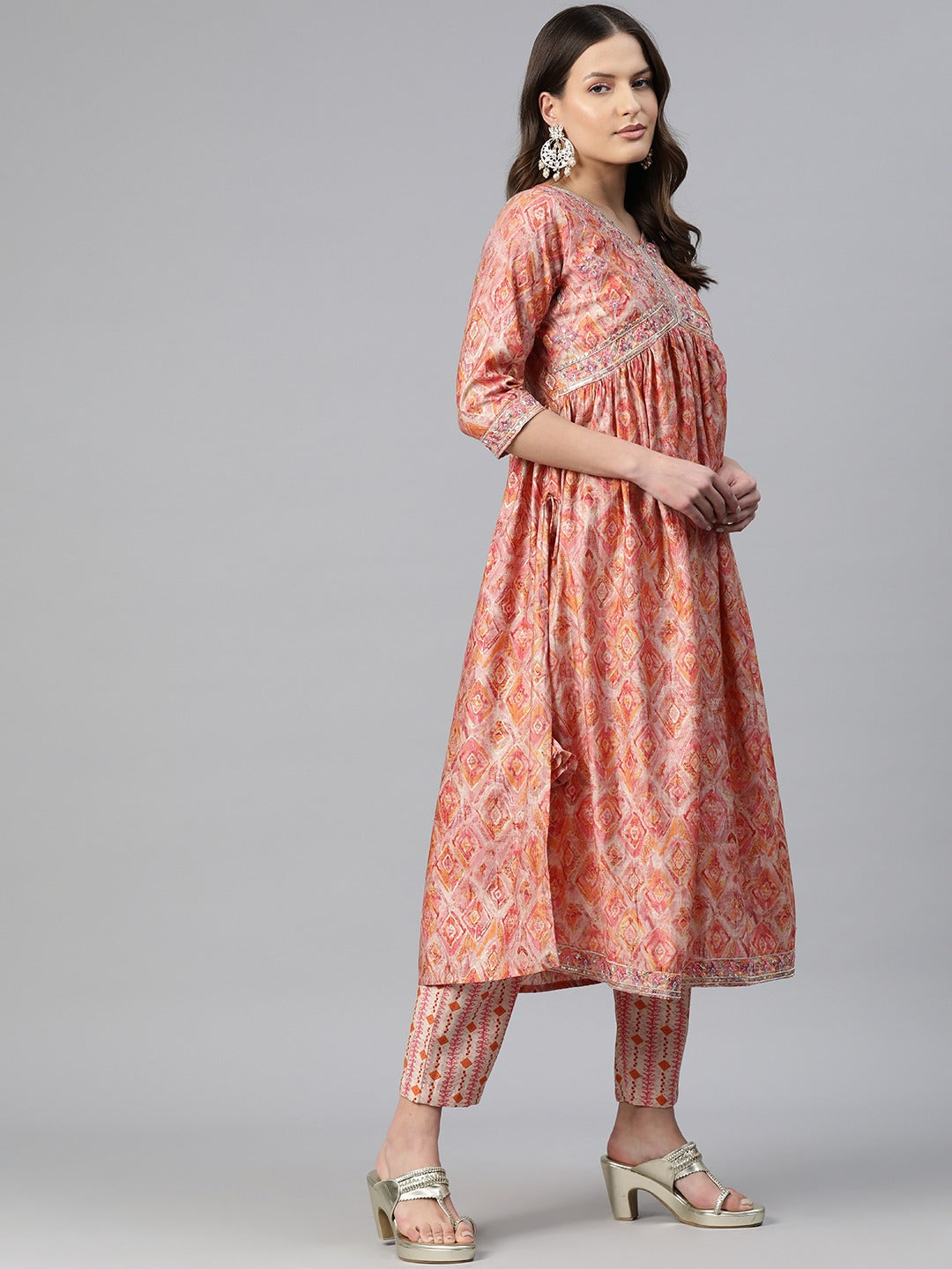 A-Line Style Chanderi Silk Fabric Pink Color Embroidered & Printed Kurti With Palazzo And Dupatta