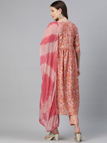 A-Line Style Chanderi Silk Fabric Pink Color Embroidered & Printed Kurti With Palazzo And Dupatta