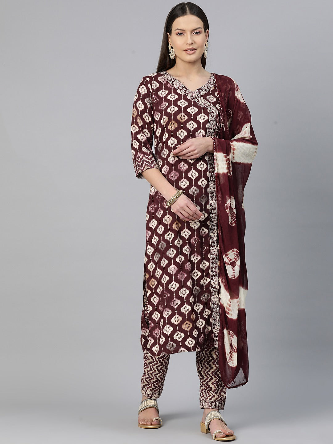 Straight Style Rayon Fabric Maroon Color Zari & Printed Kurti With Palazzo And Dupatta