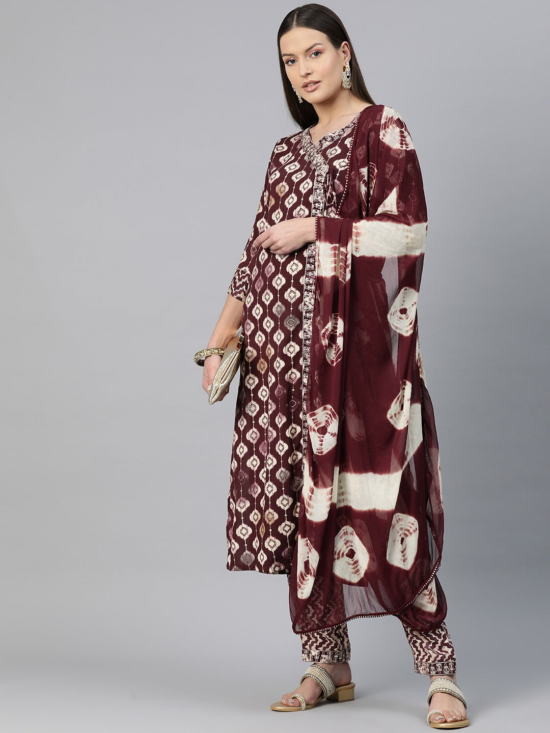 Straight Style Rayon Fabric Maroon Color Zari & Printed Kurti With Palazzo And Dupatta