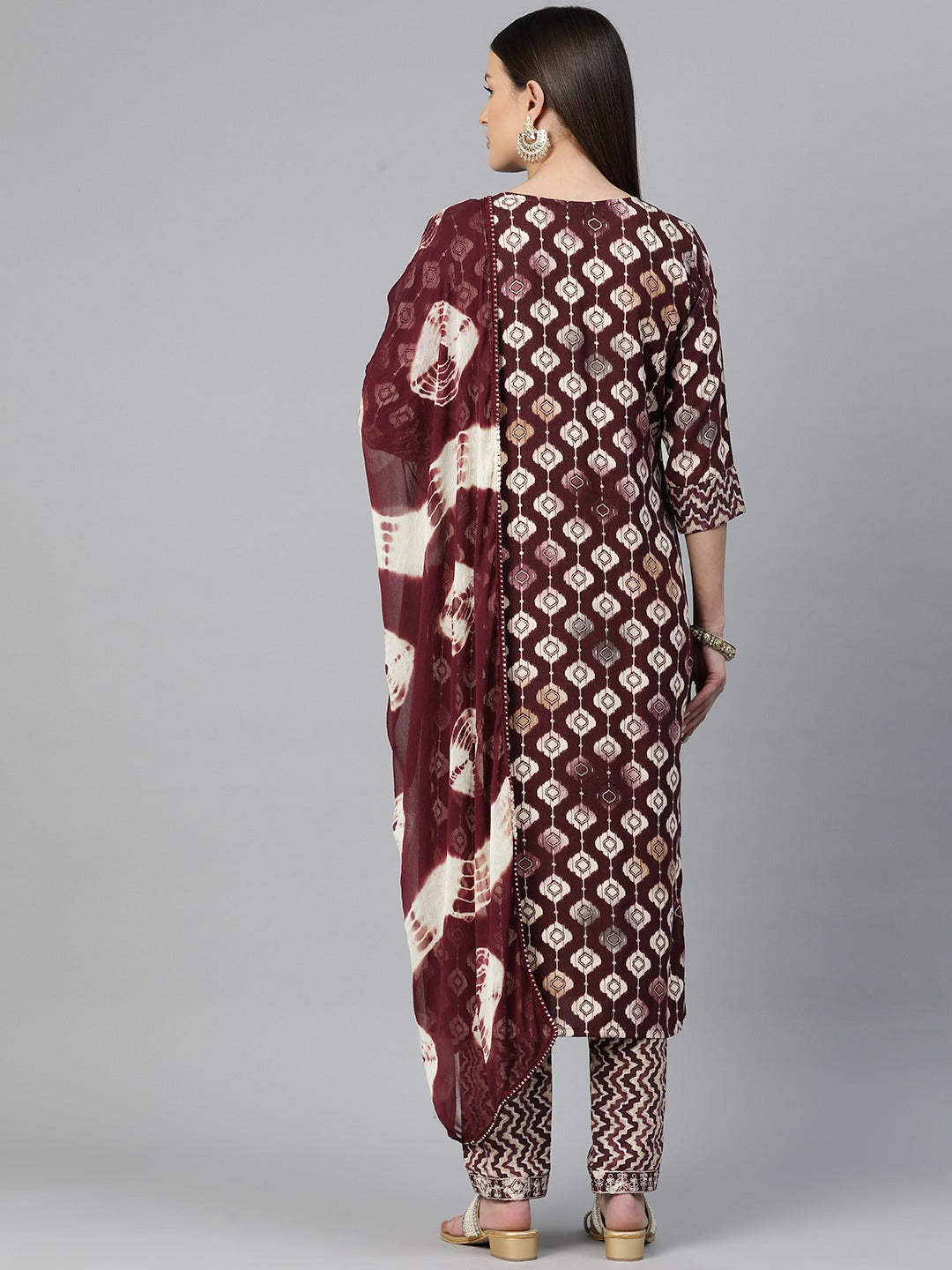 Straight Style Rayon Fabric Maroon Color Zari & Printed Kurti With Palazzo And Dupatta