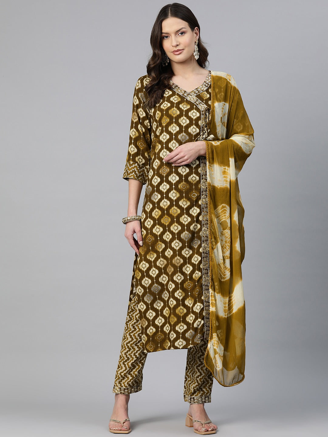 Straight Style Rayon Fabric Brown Color Zari & Printed Kurti With Palazzo And Dupatta