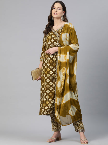 Straight Style Rayon Fabric Brown Color Zari & Printed Kurti With Palazzo And Dupatta