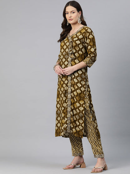 Straight Style Rayon Fabric Brown Color Zari & Printed Kurti With Palazzo And Dupatta