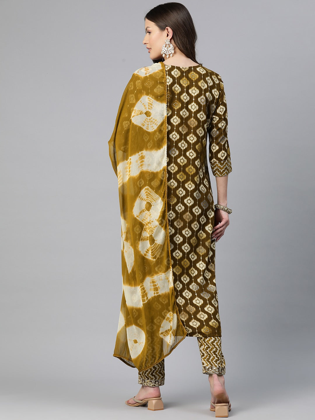 Straight Style Rayon Fabric Brown Color Zari & Printed Kurti With Palazzo And Dupatta