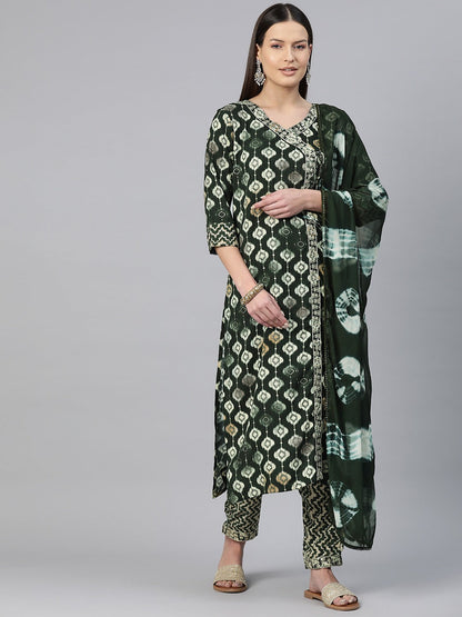 Straight Style Rayon Fabric Green Color Zari & Printed Kurti With Palazzo And Dupatta