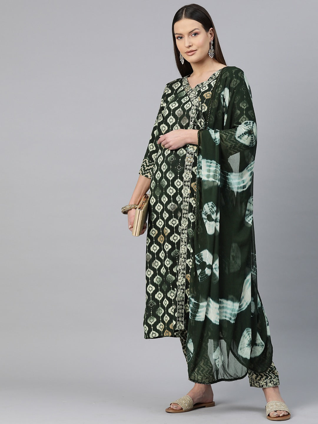 Straight Style Rayon Fabric Green Color Zari & Printed Kurti With Palazzo And Dupatta