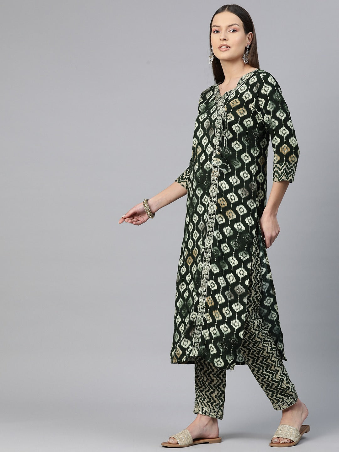 Straight Style Rayon Fabric Green Color Zari & Printed Kurti With Palazzo And Dupatta