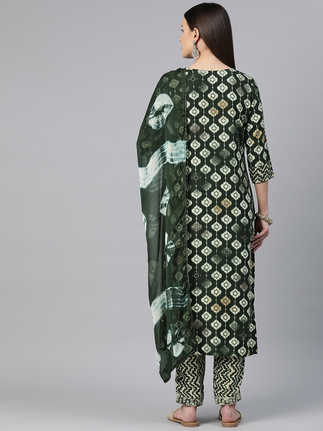 Straight Style Rayon Fabric Green Color Zari & Printed Kurti With Palazzo And Dupatta