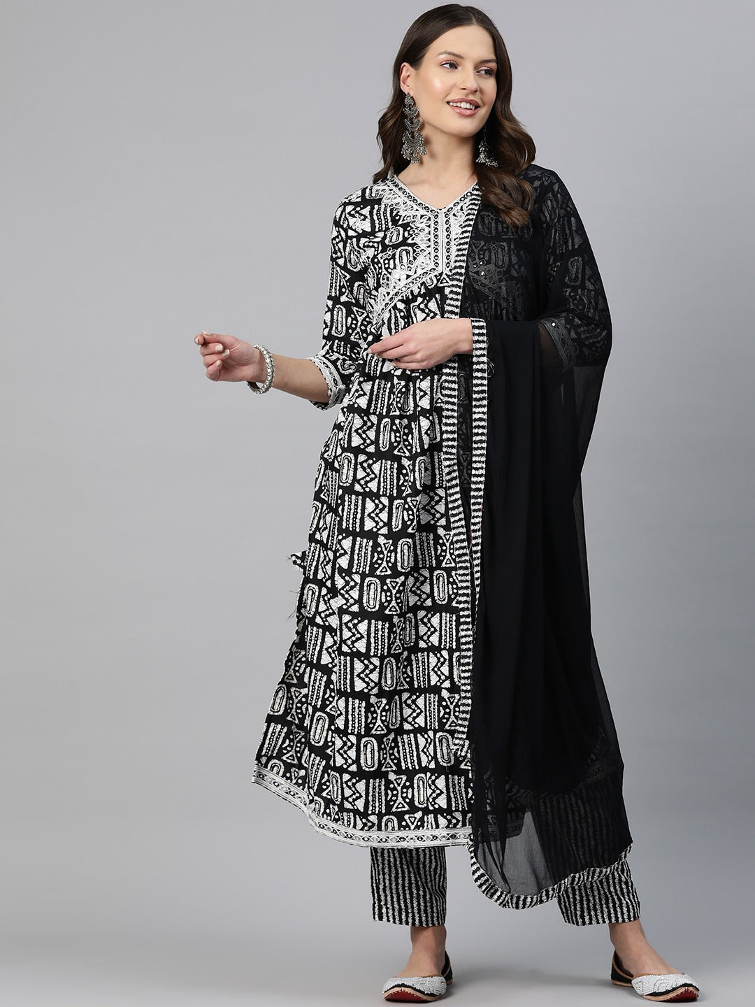 A-Line Style Rayon Fabric Black Color Embroidered & Printed Kurti With Palazzo And Dupatta