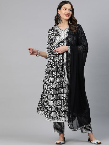 A-Line Style Rayon Fabric Black Color Embroidered & Printed Kurti With Palazzo And Dupatta