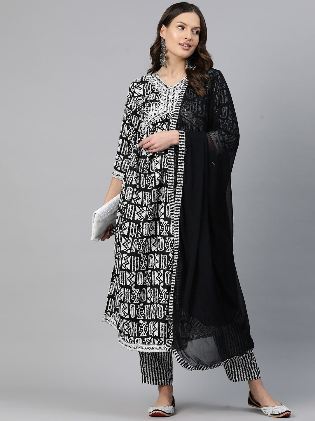 A-Line Style Rayon Fabric Black Color Embroidered & Printed Kurti With Palazzo And Dupatta