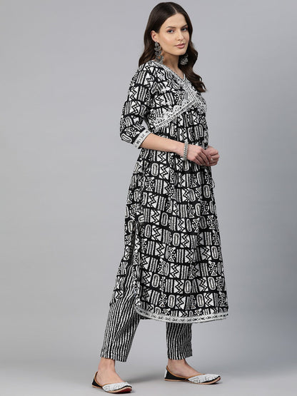 A-Line Style Rayon Fabric Black Color Embroidered & Printed Kurti With Palazzo And Dupatta