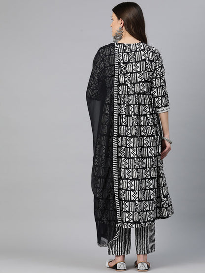 A-Line Style Rayon Fabric Black Color Embroidered & Printed Kurti With Palazzo And Dupatta