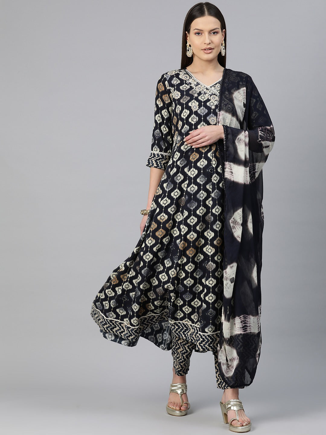 Angrakha Style Rayon Fabric Black Color Zari & Printed Kurti With Palazzo And Dupatta