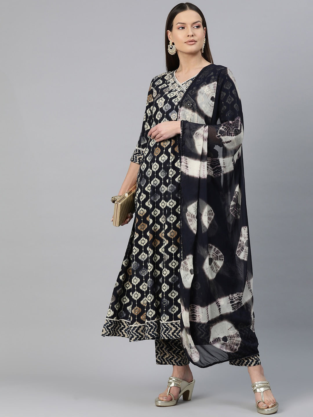 Angrakha Style Rayon Fabric Black Color Zari & Printed Kurti With Palazzo And Dupatta