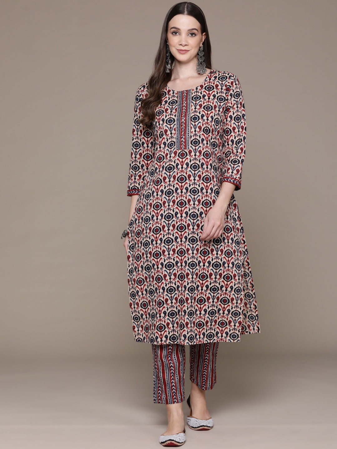 Straight Style Cotton Fabric Red Color Printed & Cut Dana Work Kurti With Palazzo