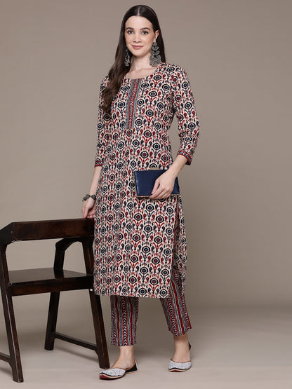 Straight Style Cotton Fabric Red Color Printed & Cut Dana Work Kurti With Palazzo