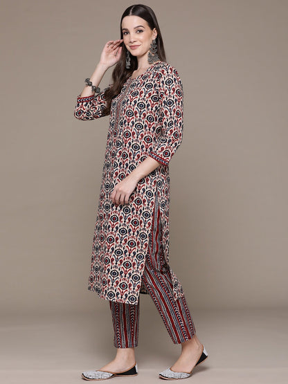 Straight Style Cotton Fabric Red Color Printed & Cut Dana Work Kurti With Palazzo