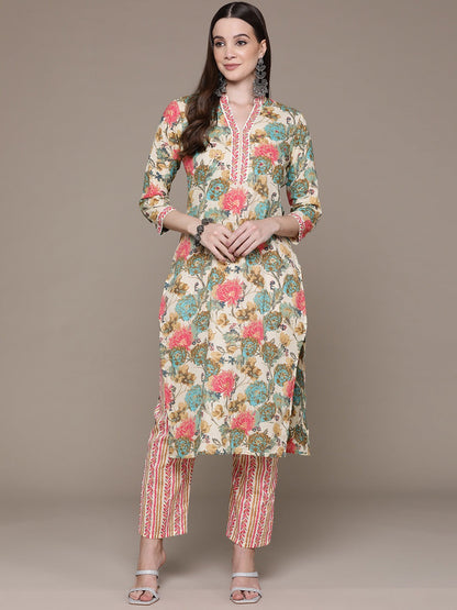 Straight Style Cotton Fabric Multi Color Floral Printed & Cut Dana Work Kurti With Palazzo