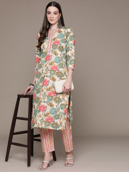 Straight Style Cotton Fabric Multi Color Floral Printed & Cut Dana Work Kurti With Palazzo