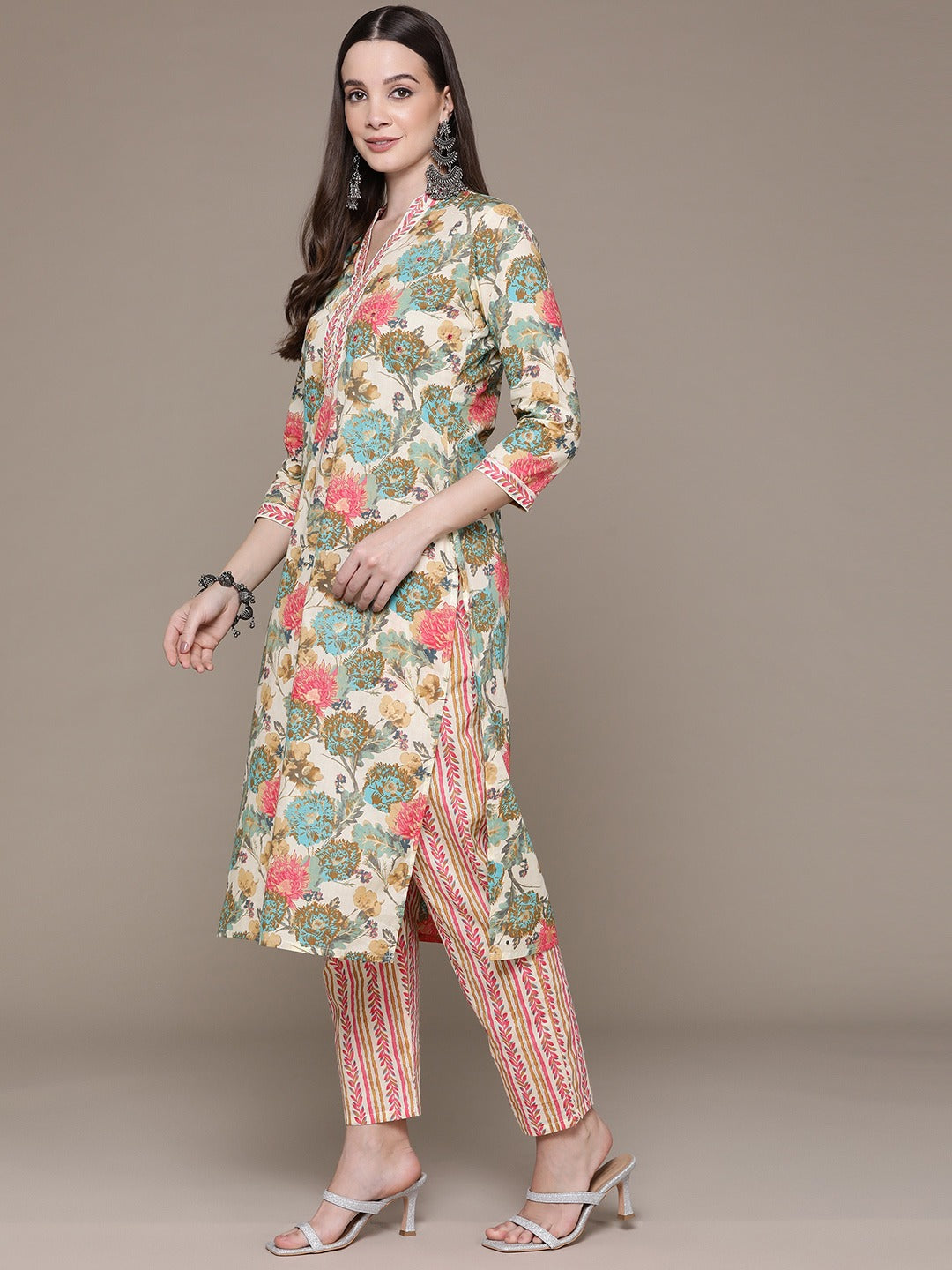 Straight Style Cotton Fabric Multi Color Floral Printed & Cut Dana Work Kurti With Palazzo