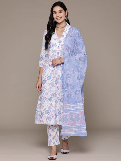 Straight Style Cotton Fabric White Color Floral Printed Kurti With Palazzo And Dupatta