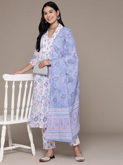 Straight Style Cotton Fabric White Color Floral Printed Kurti With Palazzo And Dupatta