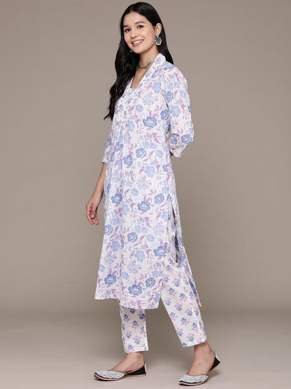 Straight Style Cotton Fabric White Color Floral Printed Kurti With Palazzo And Dupatta