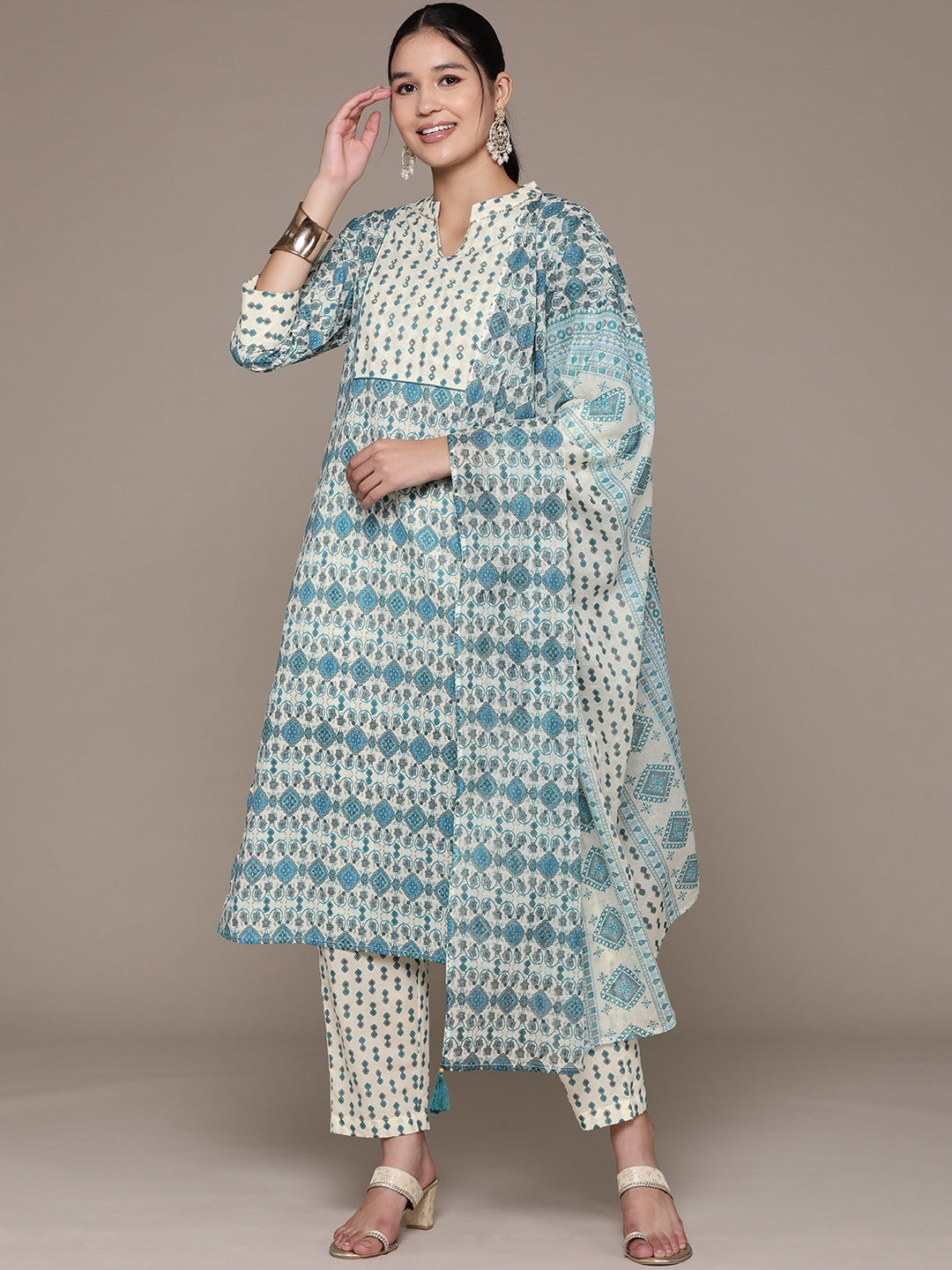 Straight Style Cotton Fabric Cream Color Floral Printed Kurti With Straight Palazzo And Dupatta