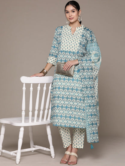 Straight Style Cotton Fabric Cream Color Floral Printed Kurti With Straight Palazzo And Dupatta