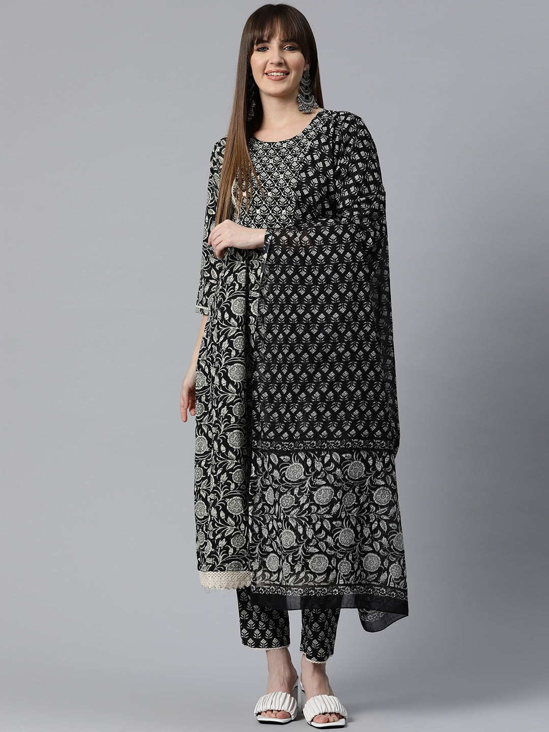 Anarkali Style Cotton Fabric Black Color Floral Printed Kurti With Mirror Work With Palazzo And Dupatta