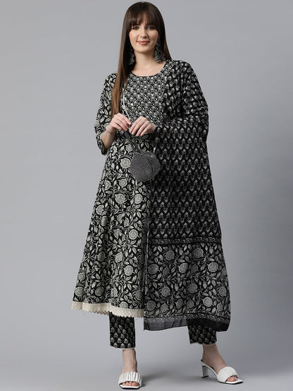 Anarkali Style Cotton Fabric Black Color Floral Printed Kurti With Mirror Work With Palazzo And Dupatta