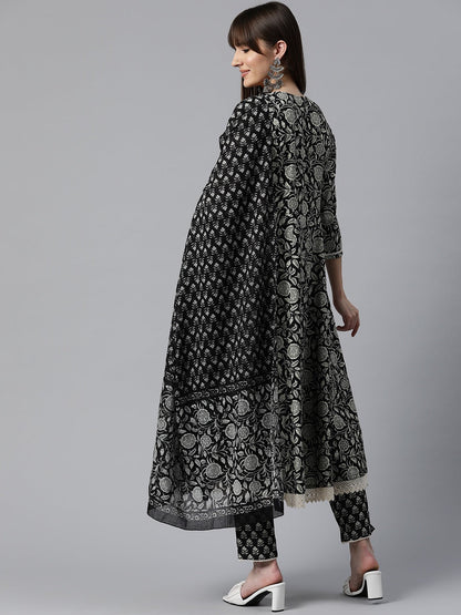 Anarkali Style Cotton Fabric Black Color Floral Printed Kurti With Mirror Work With Palazzo And Dupatta