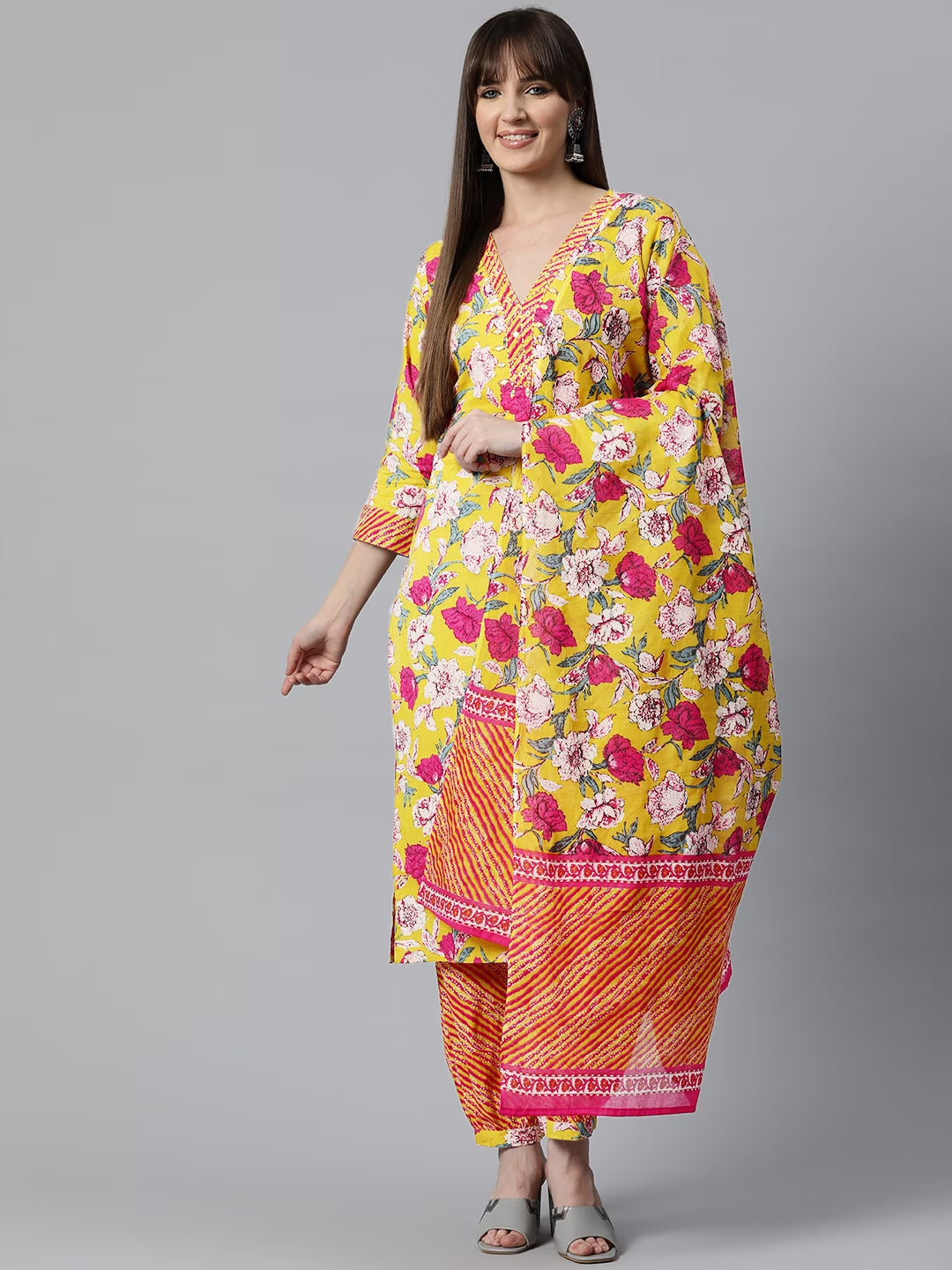 Floral Print Kurta Patiala & Dupatta (Mustard)