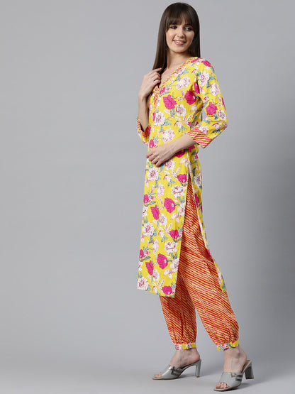 Floral Print Kurta Patiala & Dupatta (Mustard)