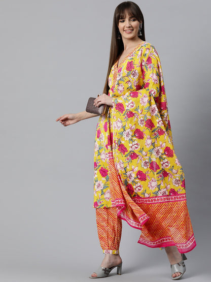 Floral Print Kurta Patiala & Dupatta (Mustard)