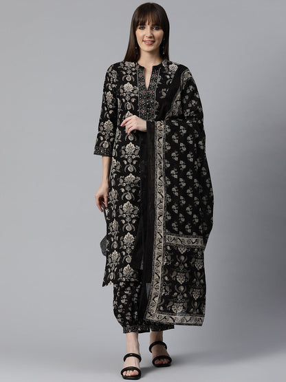 Floral Print Kurta Patiala & Dupatta (Black)