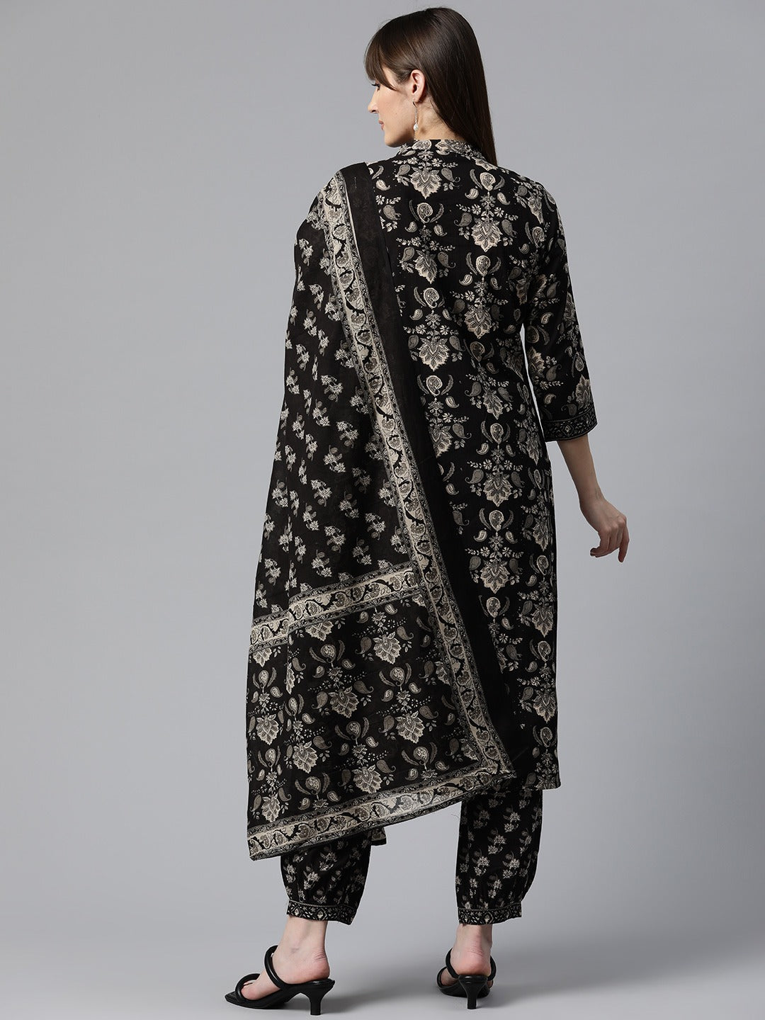 Floral Print Kurta Patiala & Dupatta (Black)