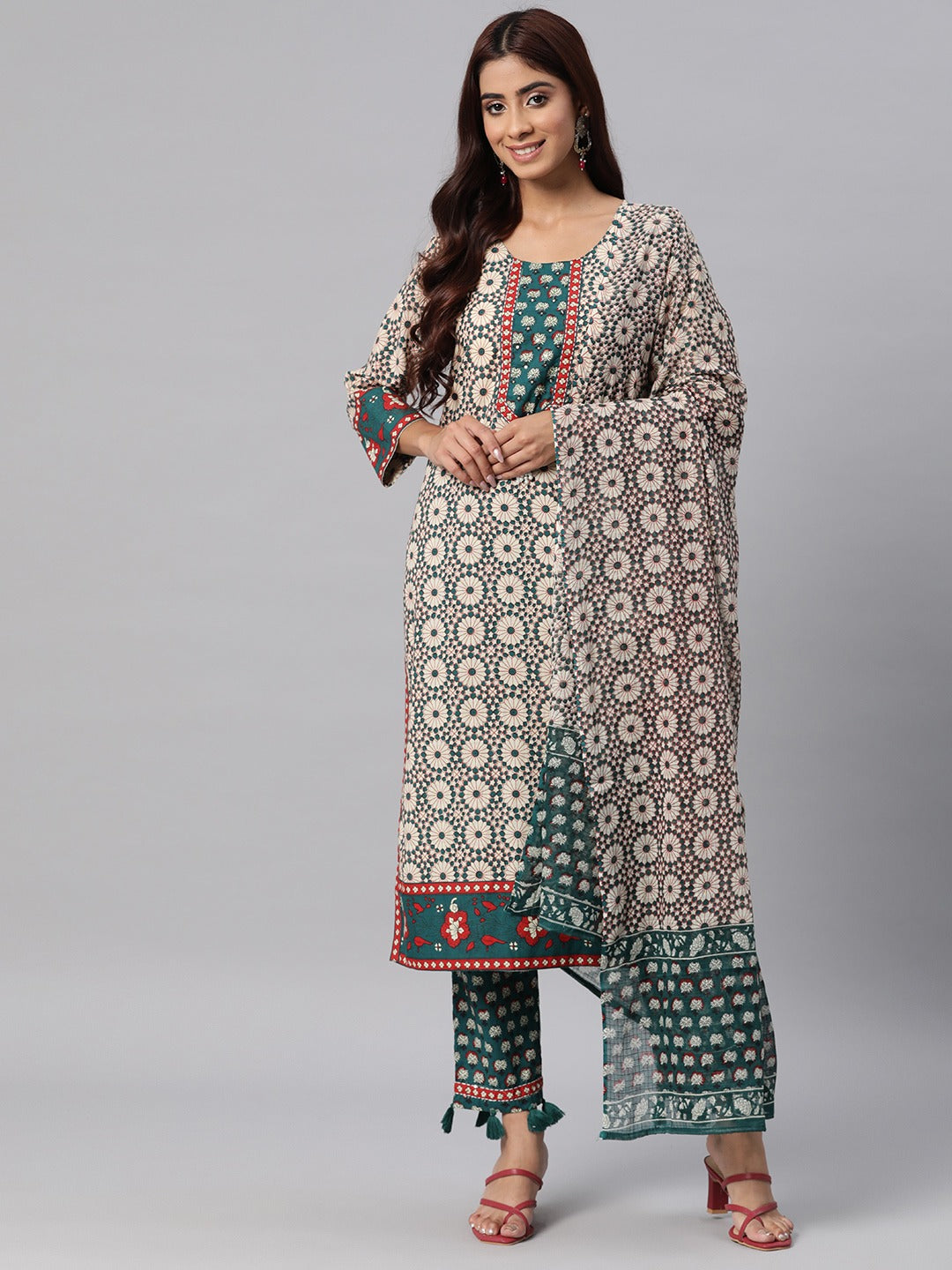 Floral Print Kurta Pant & Dupatta (Teal)