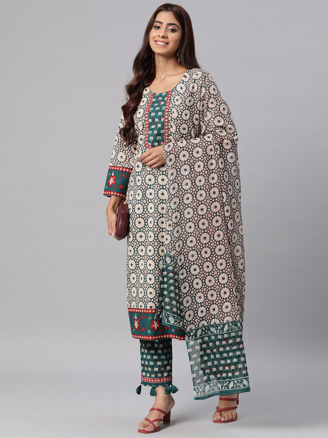 Floral Print Kurta Pant & Dupatta (Teal)