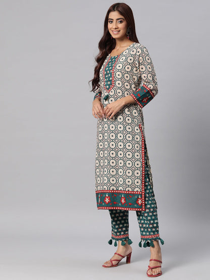 Floral Print Kurta Pant & Dupatta (Teal)